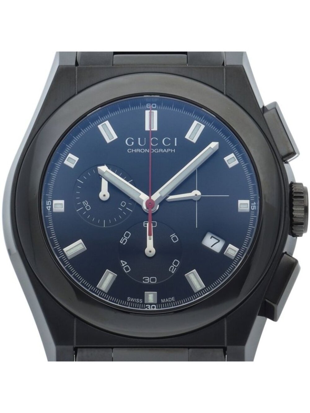 Gucci Pantheon Chronograph Black 115.2 Box Card Stainless Steel Watch Pre Owned